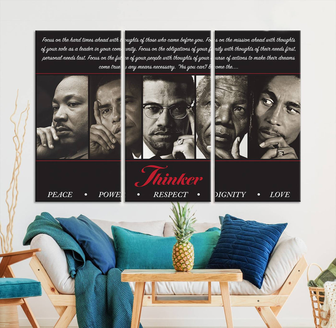 The Thinkers of Wall Art Canvas Print features icons of peace, power, and respect; it is framed and ready to hang.