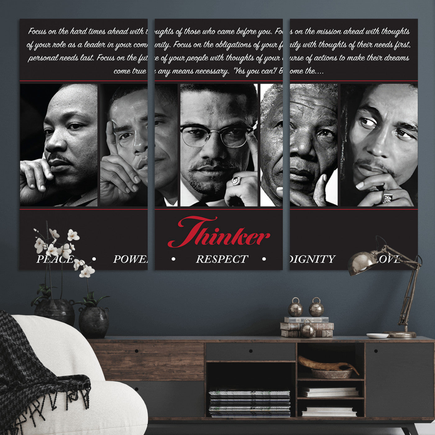 MGV-CV-48X32-3P - Thinker Quintet Canvas Wall Art – Martin, Obama, Malcolm X, Mandela, Marley Featuring Peace, Power,