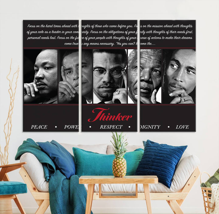 The wall art is a black and white piece featuring iconic figures accompanied by the words Thinker Peace Power Respect Dignity.