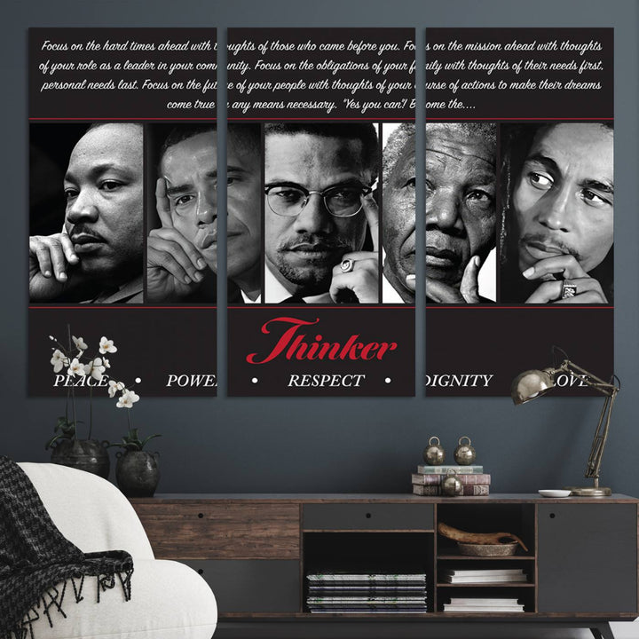 The Thinker Quintet Canvas Wall Art features portraits of Martin, Obama, Malcolm X, Mandela, and Marley, each representing virtues such as Peace and Power.