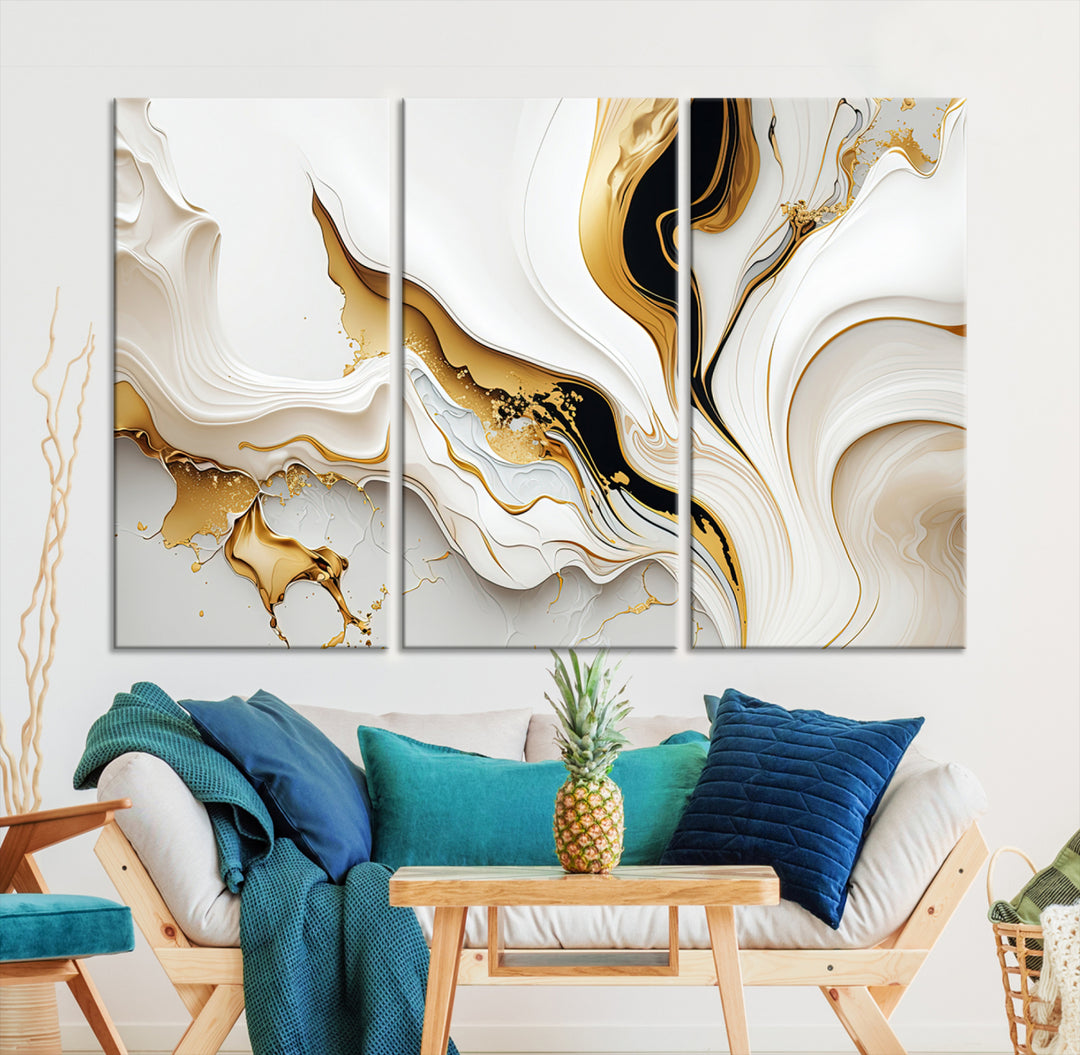 Modern interiors showcase Gold Waves on Pure White Canvas.