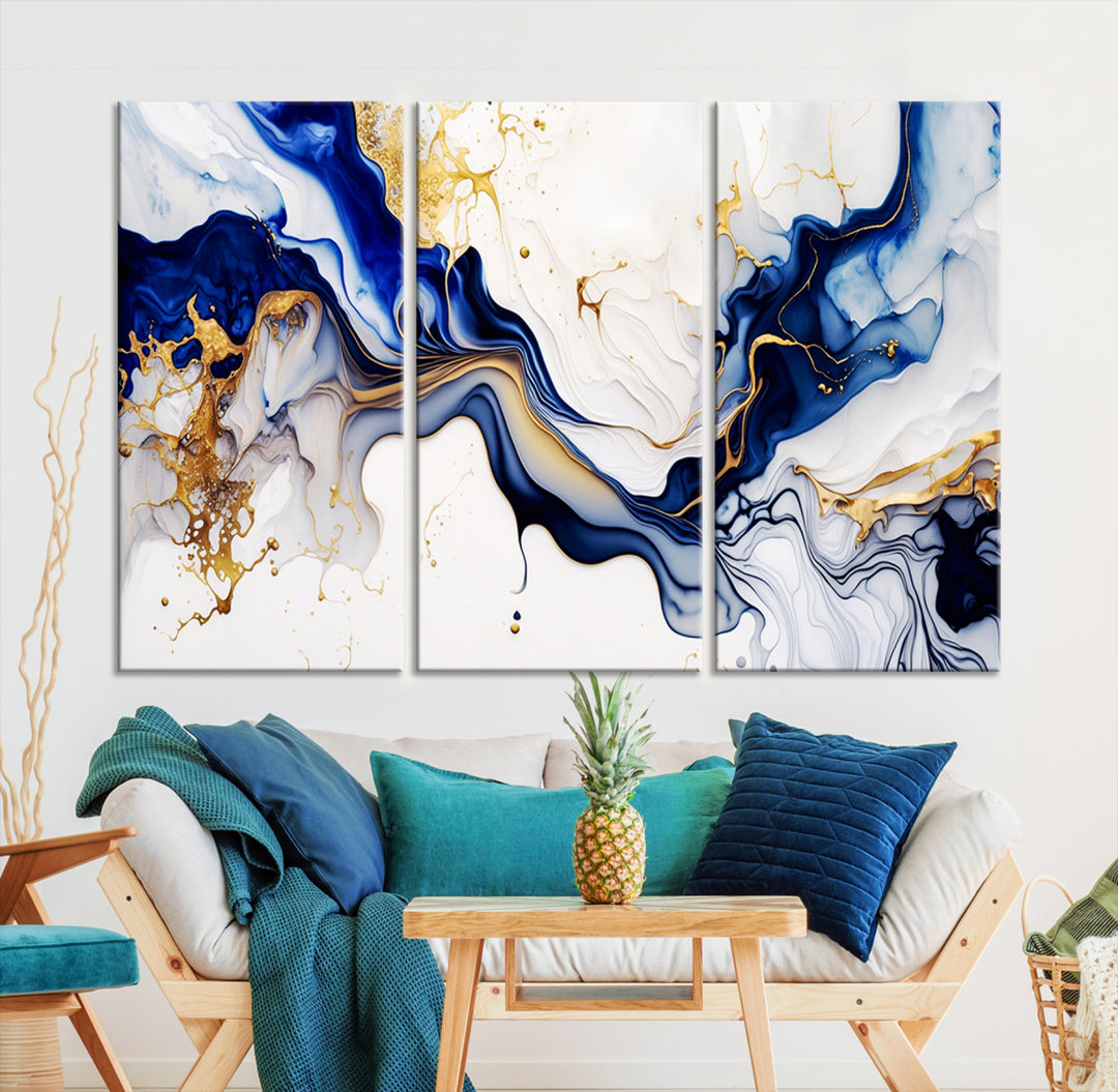 Golden Cascades on Midnight Blue wall art swirls above, featuring gold and white accents.