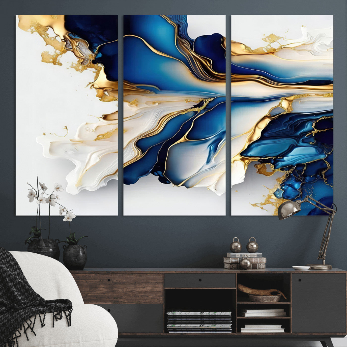 MGV-CV-48X32-3P - Gold Marble Art - Abstract Geode Gold And Blue Marble Shape 3 Pieces Wall Art Canvas Print