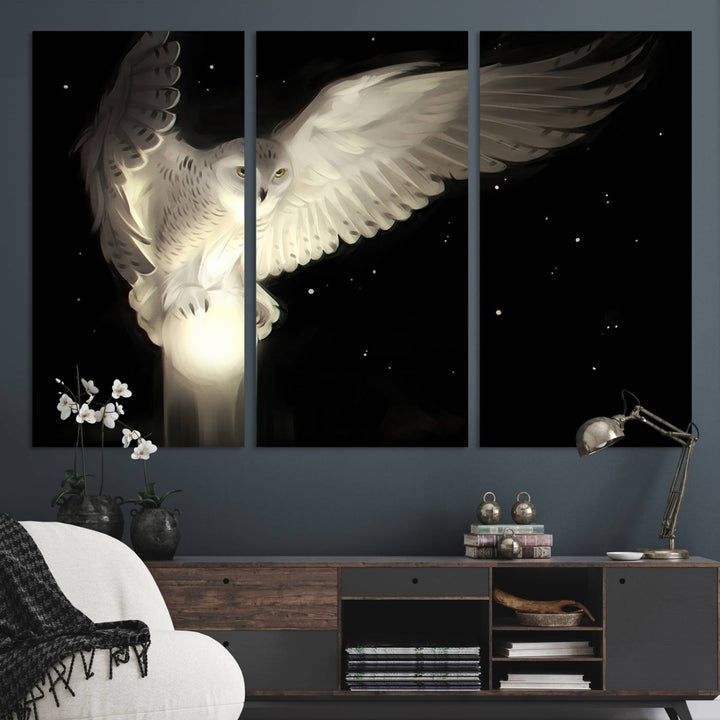 The Night Owl Art graces the wall with its depiction of a snowy owl on a glowing orb, perfect for modern decor.