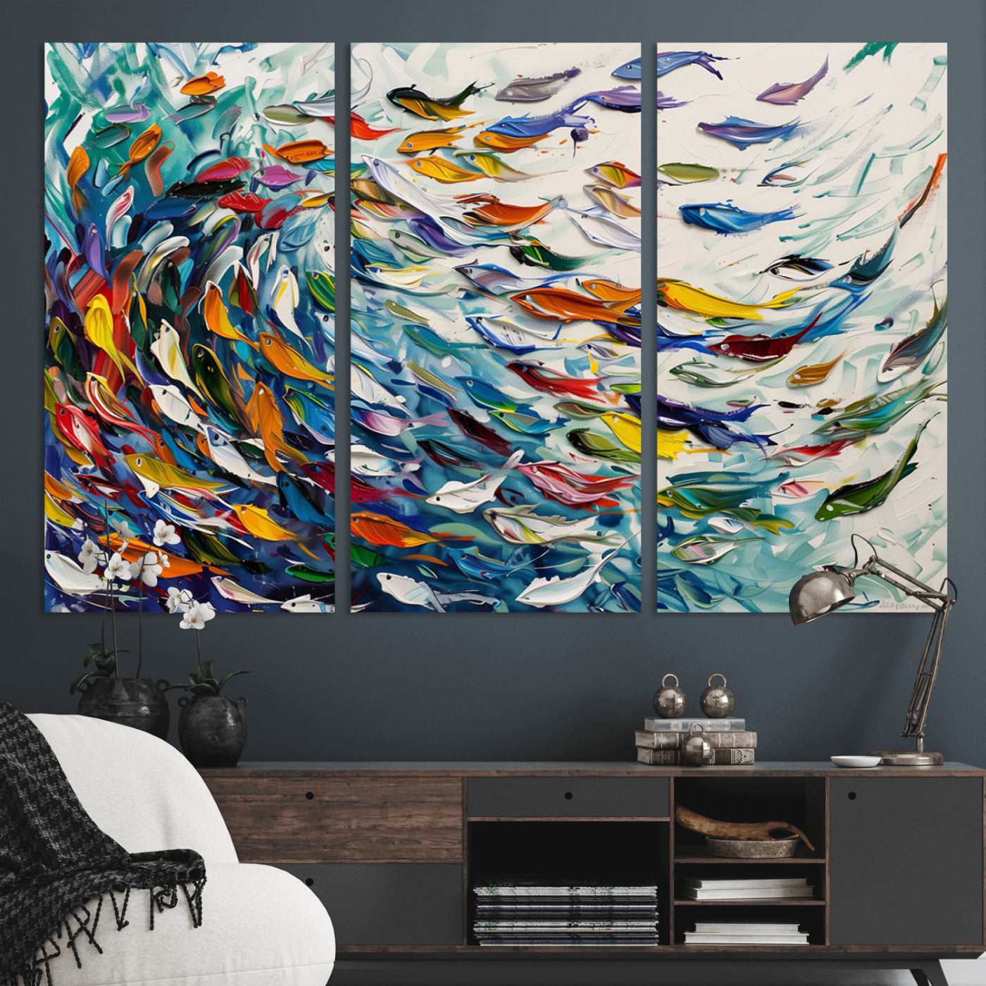 MGV-CV-48X32-3P - Modern Abstract Fish Shoal Wall Art Canvas Print, Colorful Fish Herd Painting on Canvas Print, Ocean