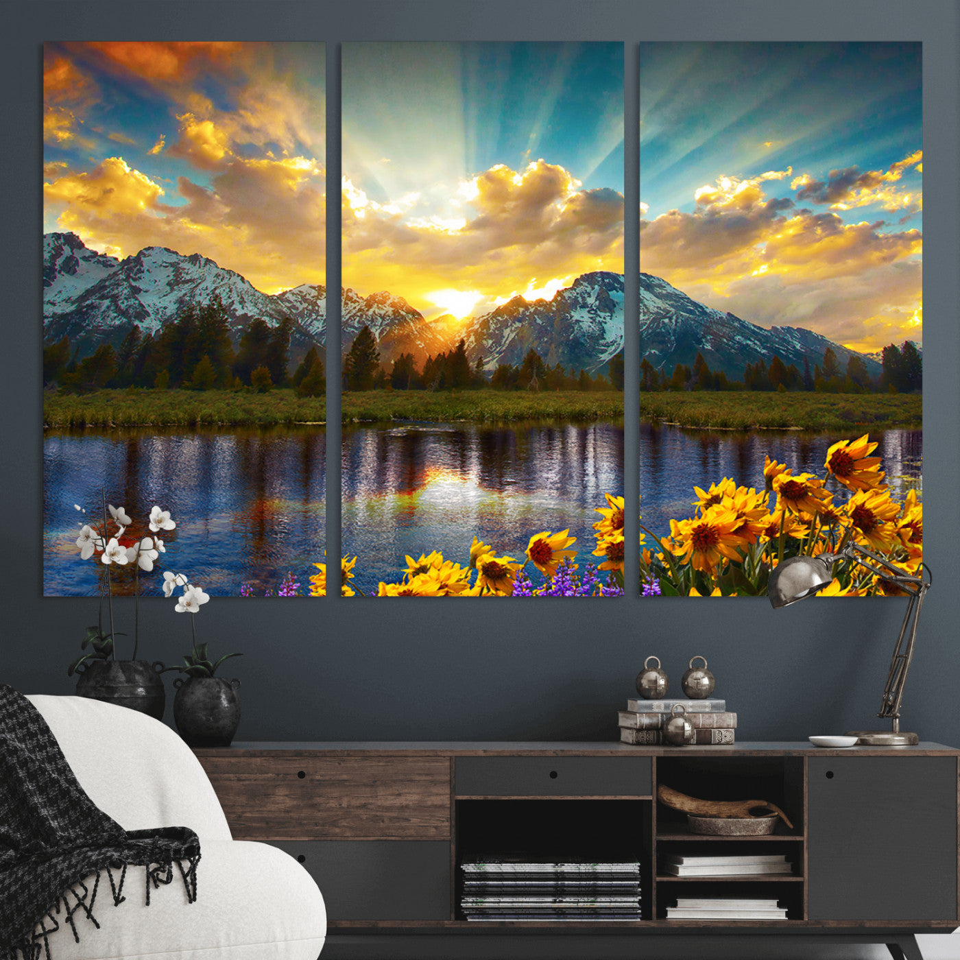 MGV-CV-48X32-3P - Grand Teton Park Amazing Mountain Landscape Sunset Wall Art Canvas Print