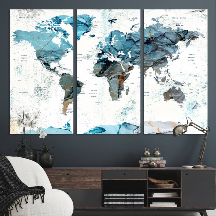 Push Pin World Map Wall Art Canvas Print adds a touch of elegance to the home decor.