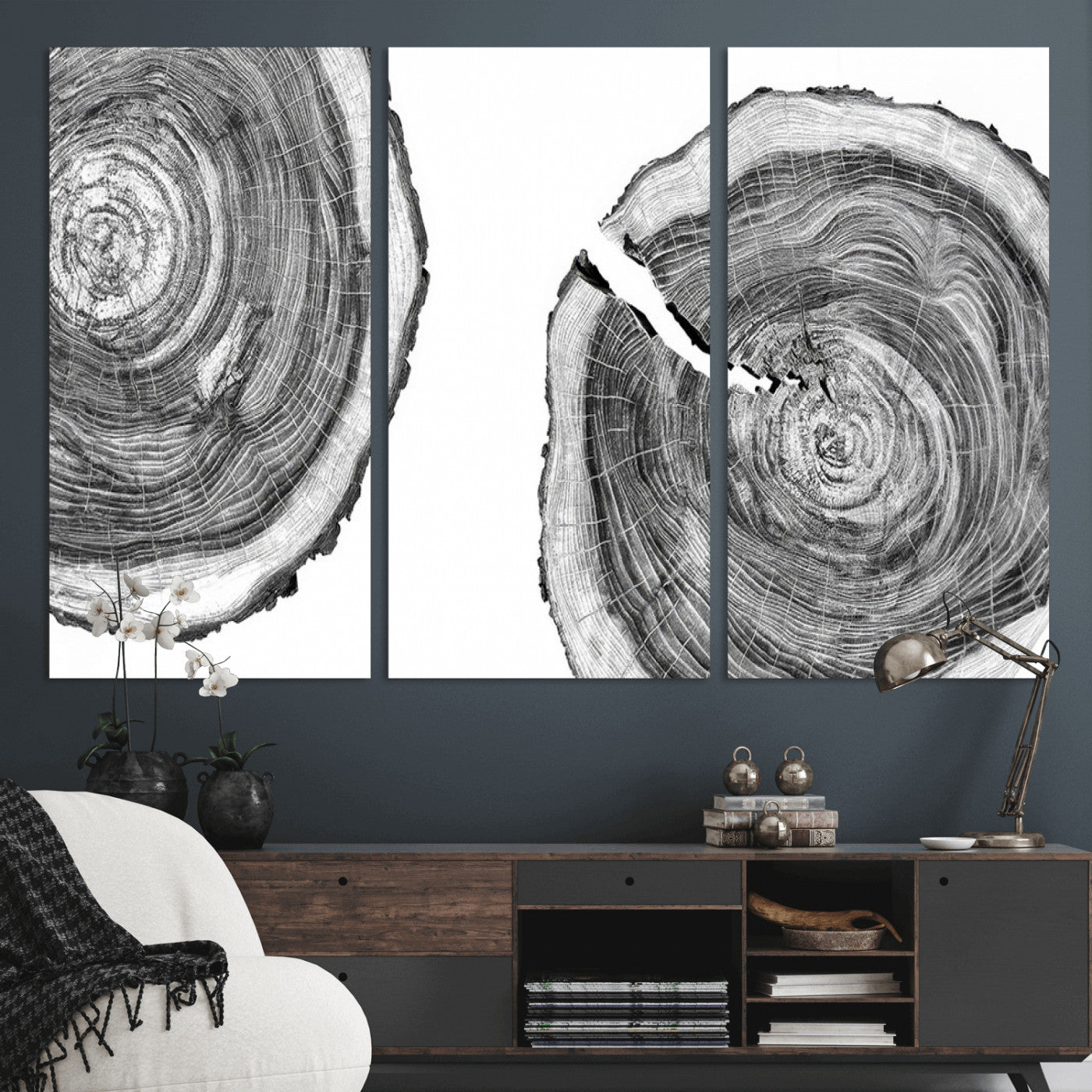 MGV-CV-48X32-3P - Modern Black and White Tree Rings Canvas Wall Art – Nature Inspired Wood Slice Print – Minimalist