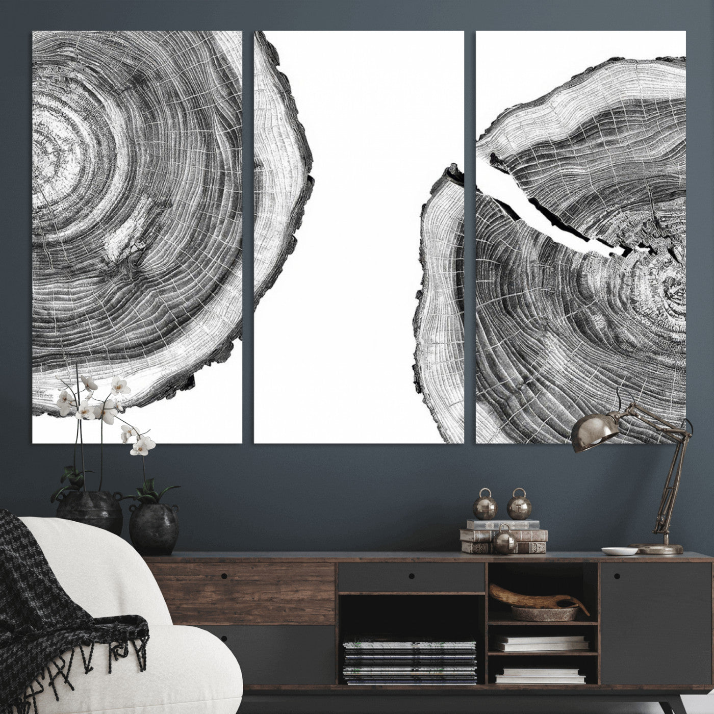 MGV-CV-48X32-3P - Abstract Large Tree Rings – Minimalist Black and White Wood Art | Triptych Canvas, Modern Wall Decor