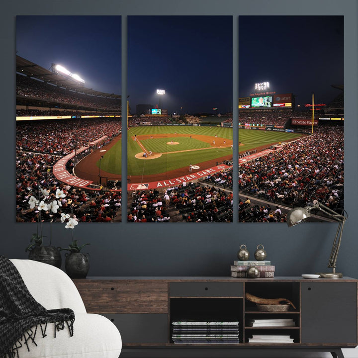 Aerial view of an LA Angels game at night, captured as stunning wall art on premium canvas, handmade in the USA.