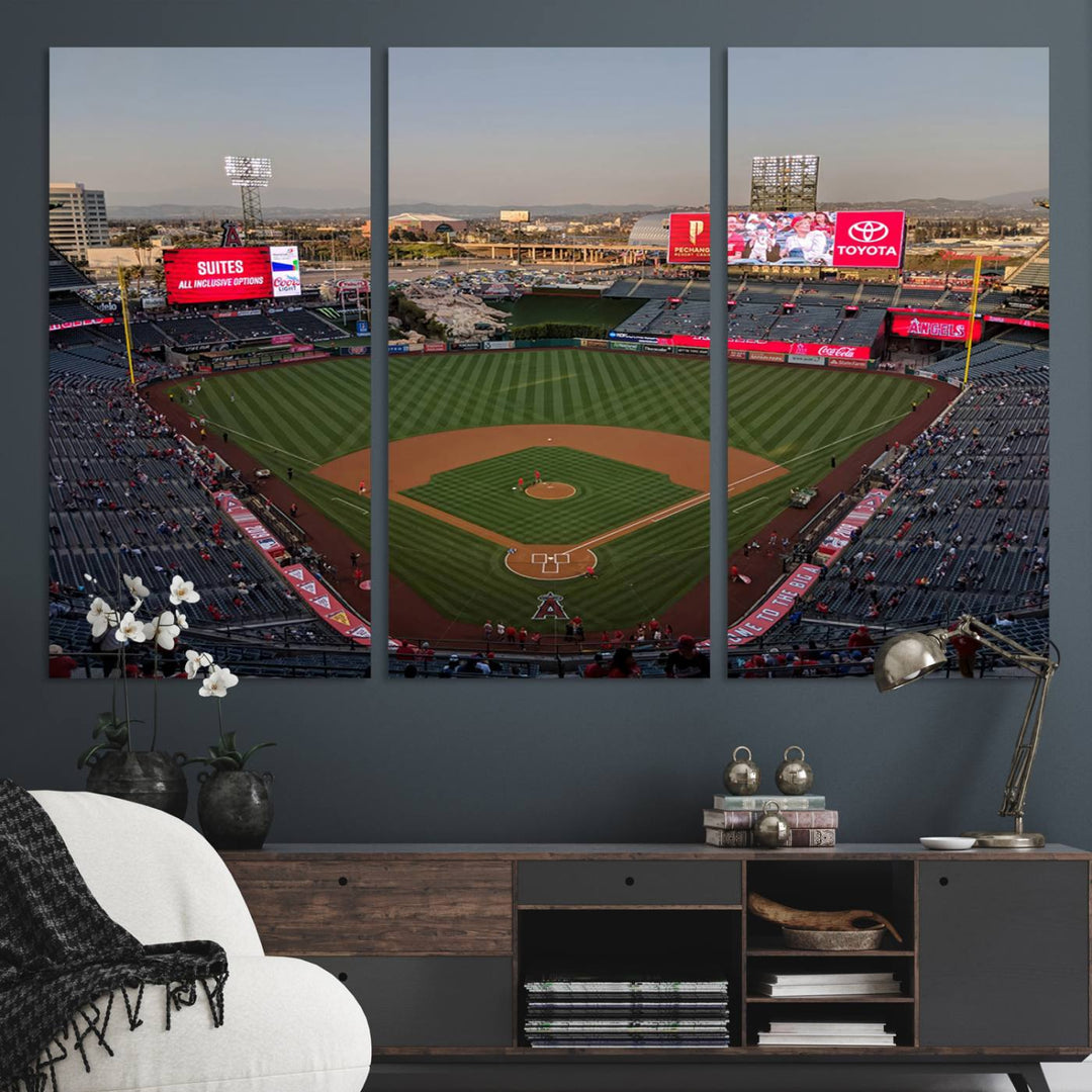 Aerial view of Angel Stadium, perfect as gallery-quality wall art - Los Angeles Angels Canvas Print.