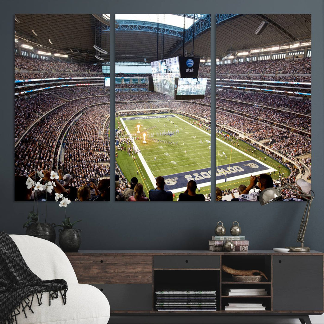 The wall art is a Dallas Cowboys AT&T Stadium Canvas Print, showcasing the iconic logo.