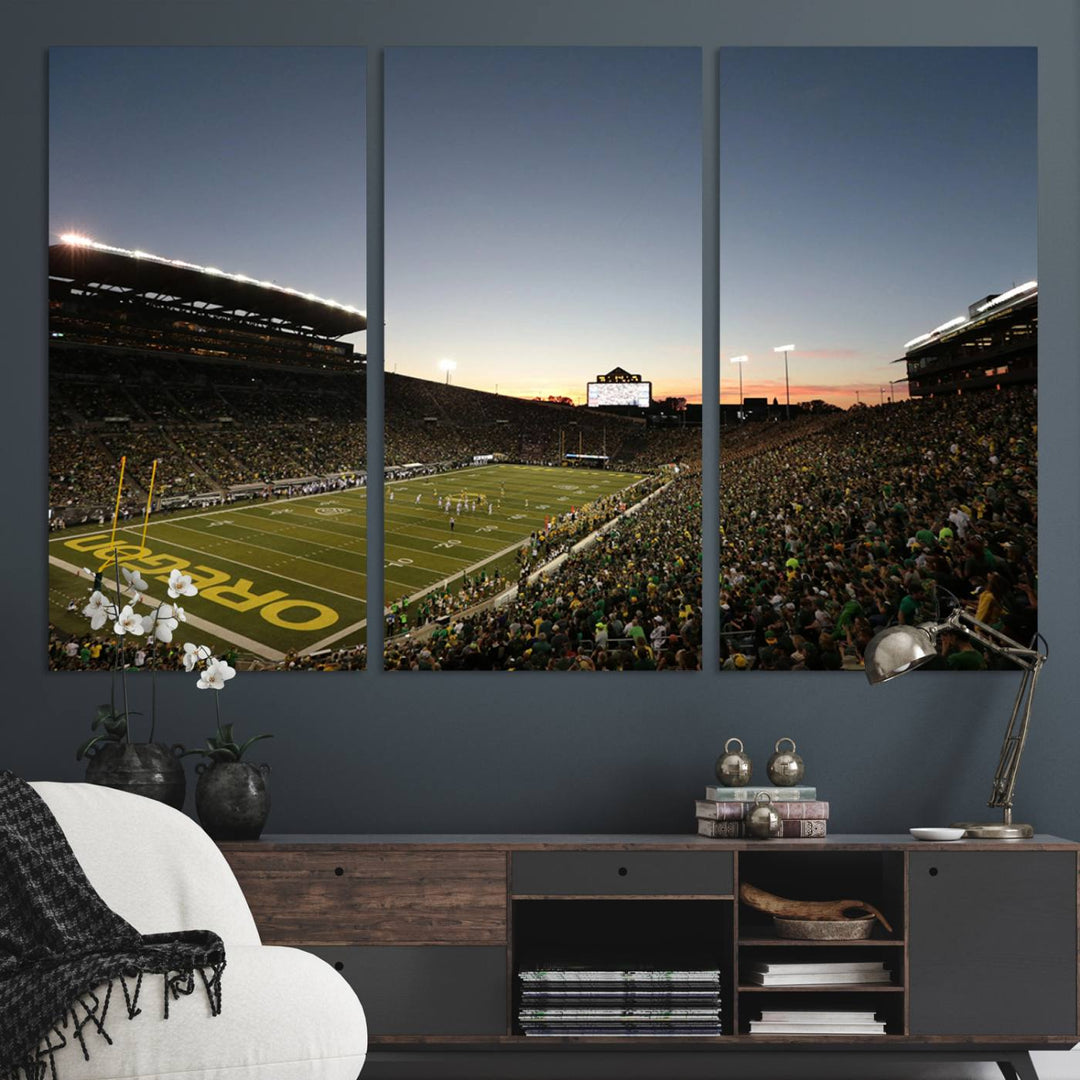 Canvas artwork depicting an Oregon Ducks football game at Autzen Stadium, capturing a sunset and packed stands.