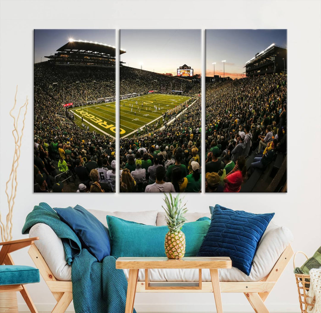 Autzen Stadium Evening Game Triple Canvas Wall Art - Oregon Ducks Football Match