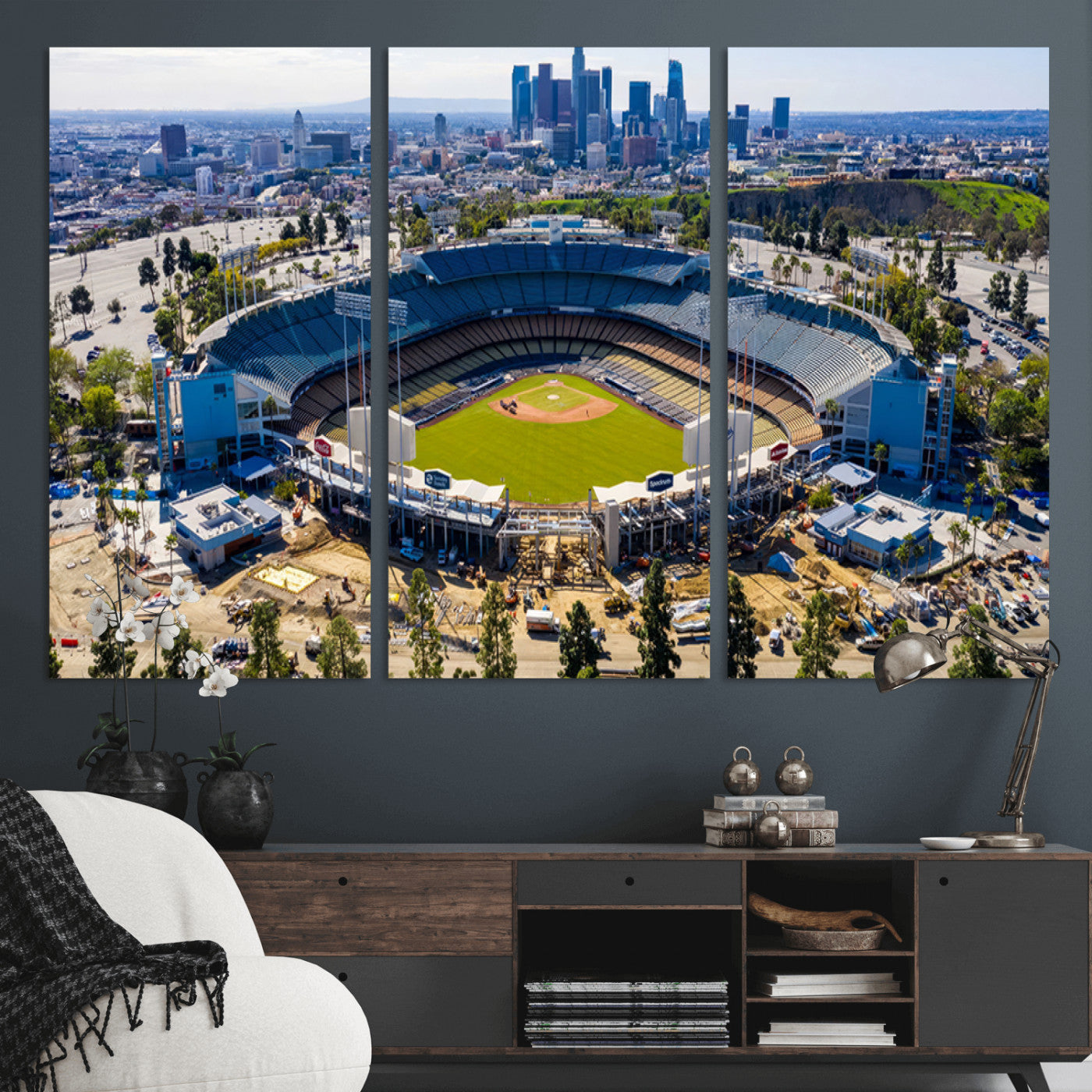 MGV-CV-48X32-3P - Los Angeles Dodgers Dodger Stadium Wall Art Canvas Print - MLB Baseball Stadium, Framed Los Angeles