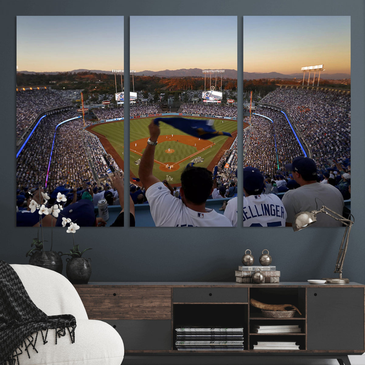 60162-MGV-CV-36X24 - Dodger Stadium Sunset Game Triple Canvas Wall Art, Los Angeles Dodgers MLB Match