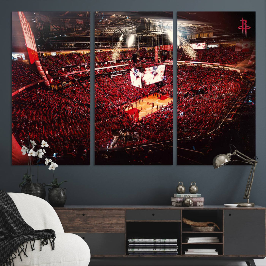 A crowded basketball arena with red lighting hosts a Houston Rockets game.