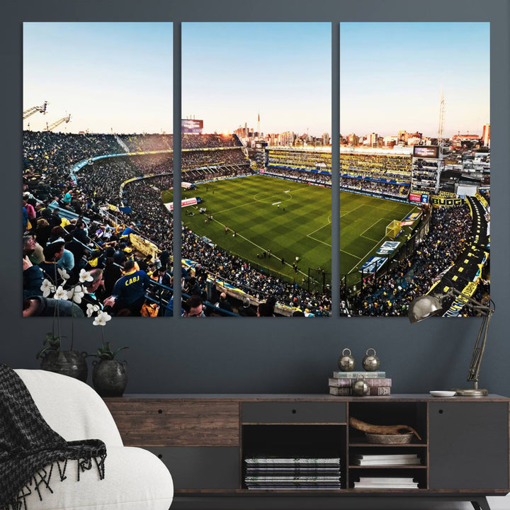 The wall art canvas print vividly captures the dynamic soccer culture at Bombonera Stadium with its vibrant depiction.