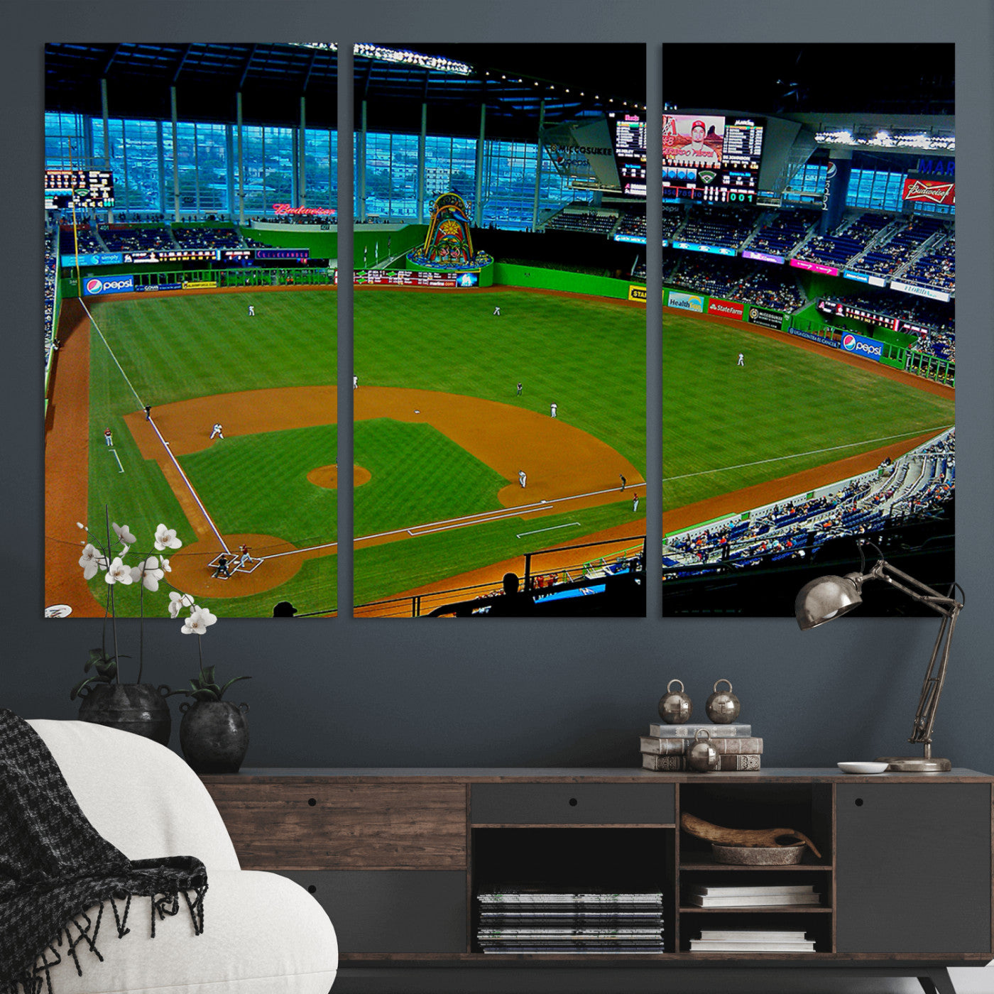 MGV-CV-48X32-3P - Miami Marlins Baseball Team Print - Miami LoanDepot Park Stadium Wall Art Canvas Print