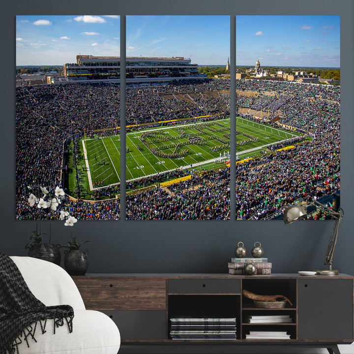 Aerial shot of packed stadium on green; Notre Dame Fighting Irish Stadium Wall Art Canvas Print.