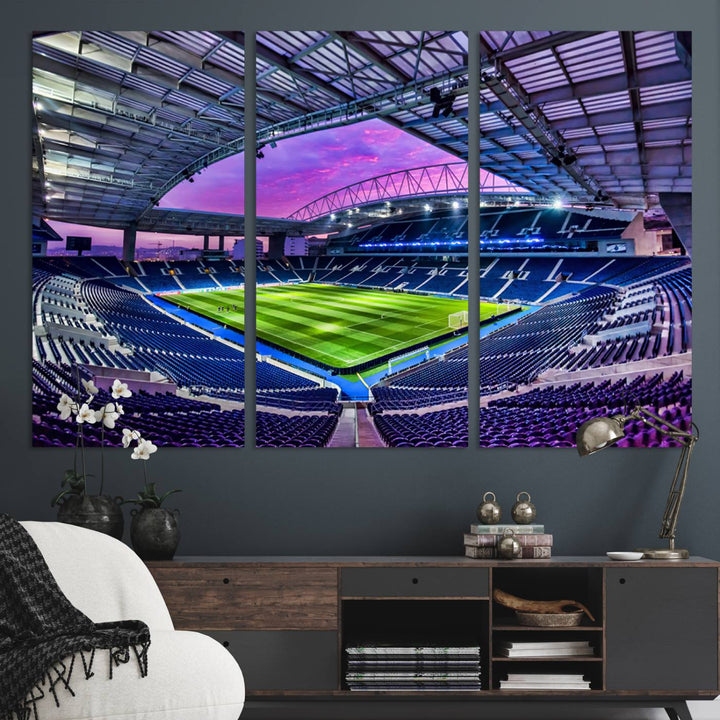 The FC Porto Soccer Team Dragon Stadium Wall Art Canvas Print decorates the room.