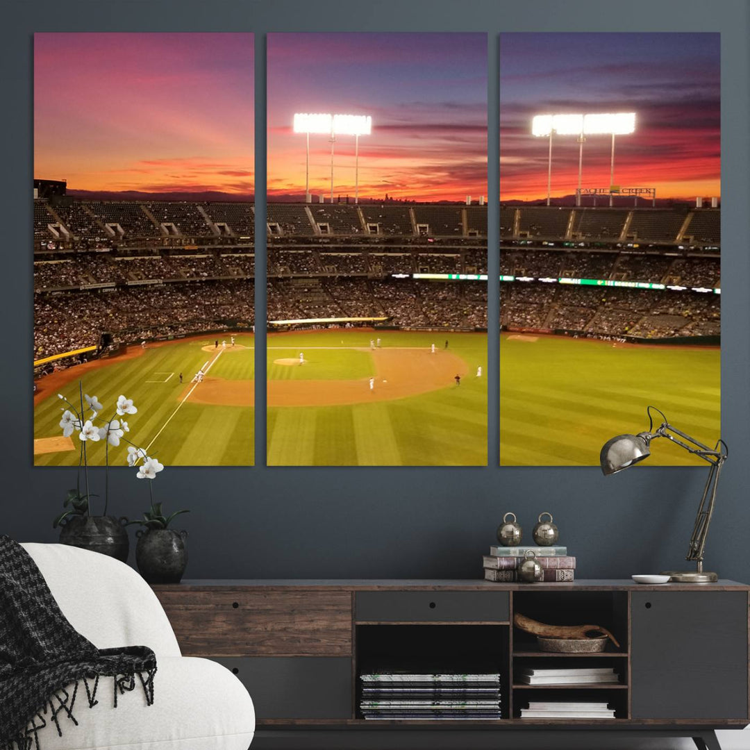 The Oakland Coliseum print is a museum-quality canvas depicting a full crowd and a sunset.