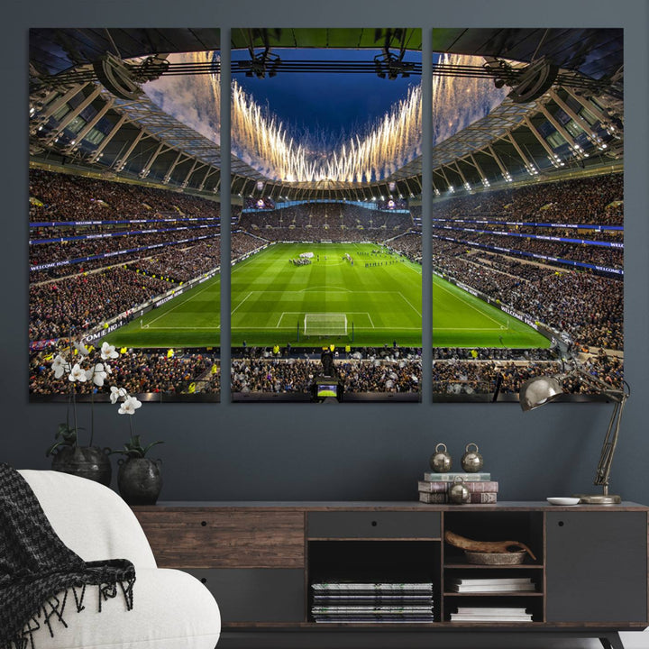 A stunning Tottenham Hotspur Stadium wall art captures the energy of a stadium packed with fans and vibrant lights.