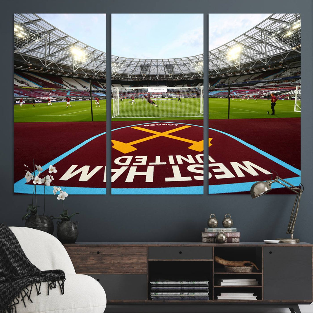 A soccer stadium with the West Ham United FC logo.