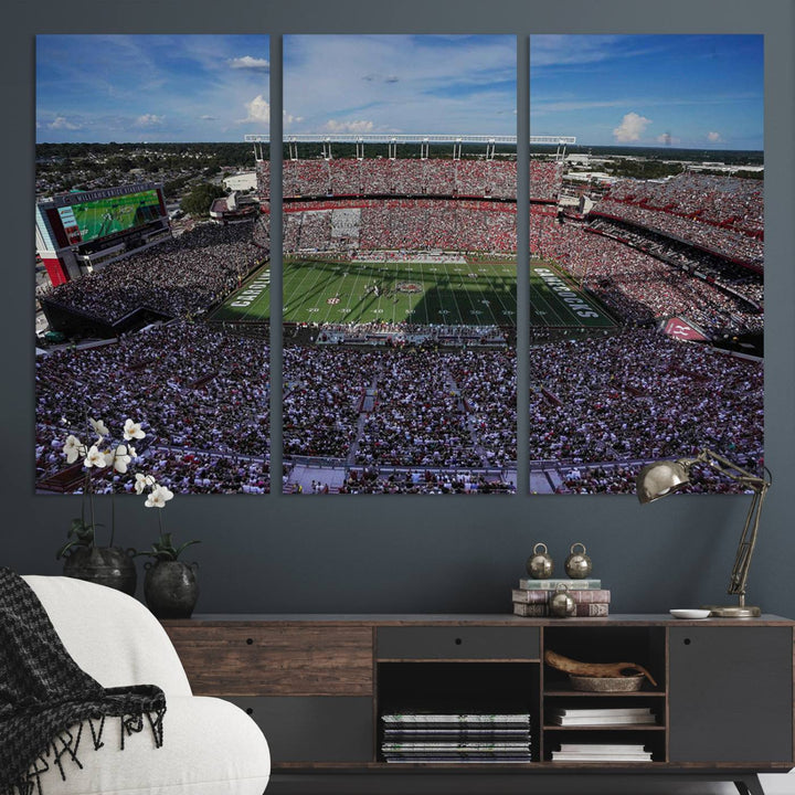 The wall art is a South Carolina Gamecocks print, showcasing Williams-Brice Stadium from a distance under clear skies.