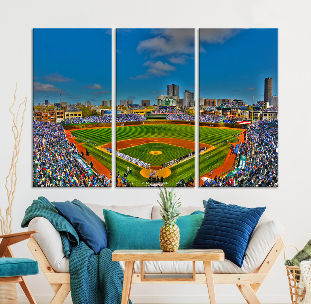 Wrigley Field Chicago Cubs Panoramic 3-Piece Canvas Wall Art - Iconic Baseball Stadium Print for Sports Lovers - Ready to Hang