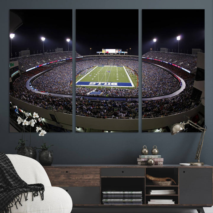 The Buffalo Bills NFL Highmark Stadium at night print captures the bright lights, conveying an exhilarating atmosphere.