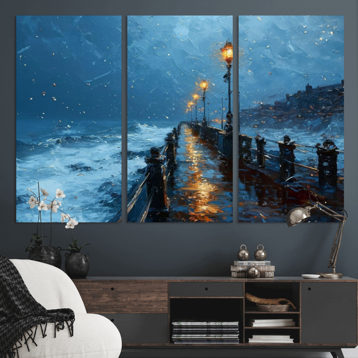 MGV-CV-48X32-3P - Stormy Night at Beach Pier Oil Painting Large Wall Art Print, Framed Canvas Nature Wall Decor,