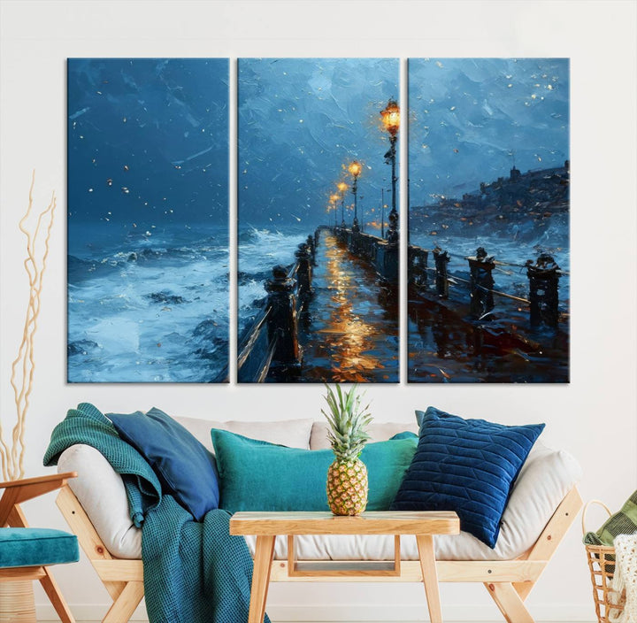 Framed 3-Panel Seaside Night Pier Oil Painting Canvas Wall Art | Ready to Hang Coastal Landscape Art for Modern Living Room, Office, or Bedroom Decor