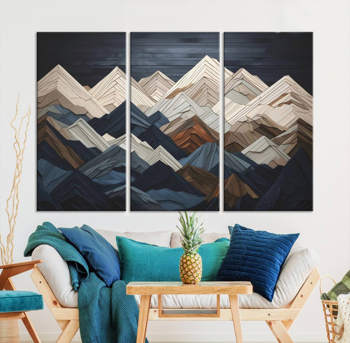 Wood Mountain Range Wall Art - Ready to Hang 3-Piece Set for Modern Rustic Decor, Abstract Wooden Design for Living Rooms Offices