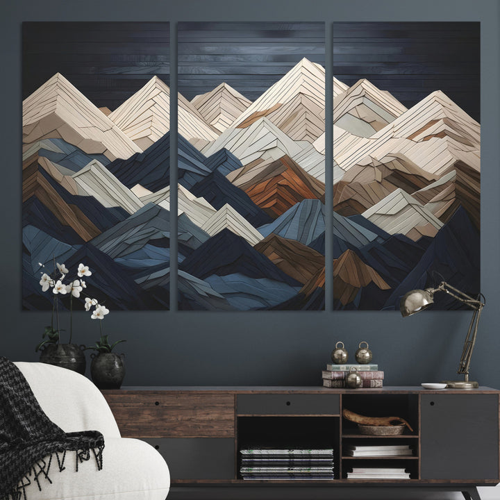 Rustic Mountain Landscape Wall Art Print - Wooden 3D Effect Mountain Canvas Print - Textured Peaks Wall Art for Cabin or Lodge Decor