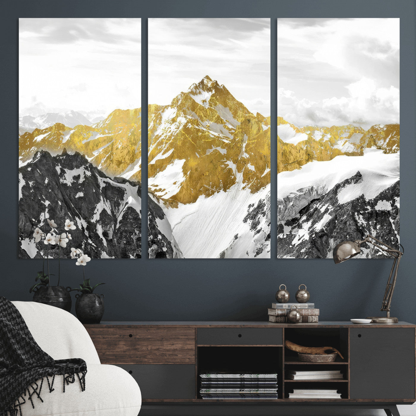 MGV-CV-48X32-3P - Gold Abstract Mountains Wall Art Print on Canvas, Nature Wall Art Print,