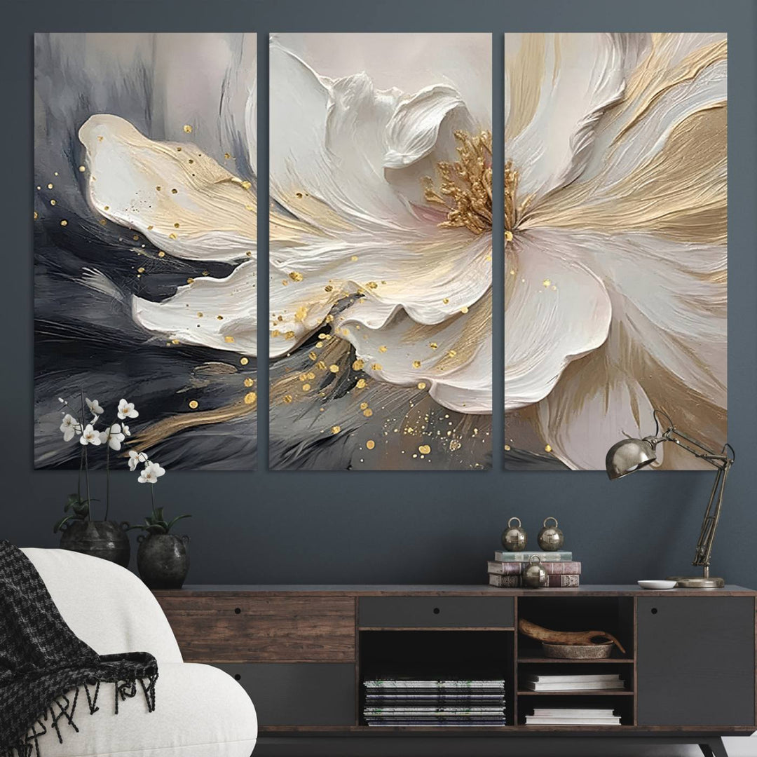 The abstract floral wall art canvas print features a large flower with gold accents.