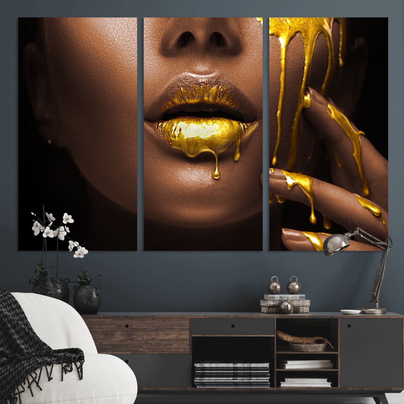 MGV-CV-48X32-3P - African American Art Black Woman Canvas Print, African Wall Art, Fashion African Woman Gold Lips