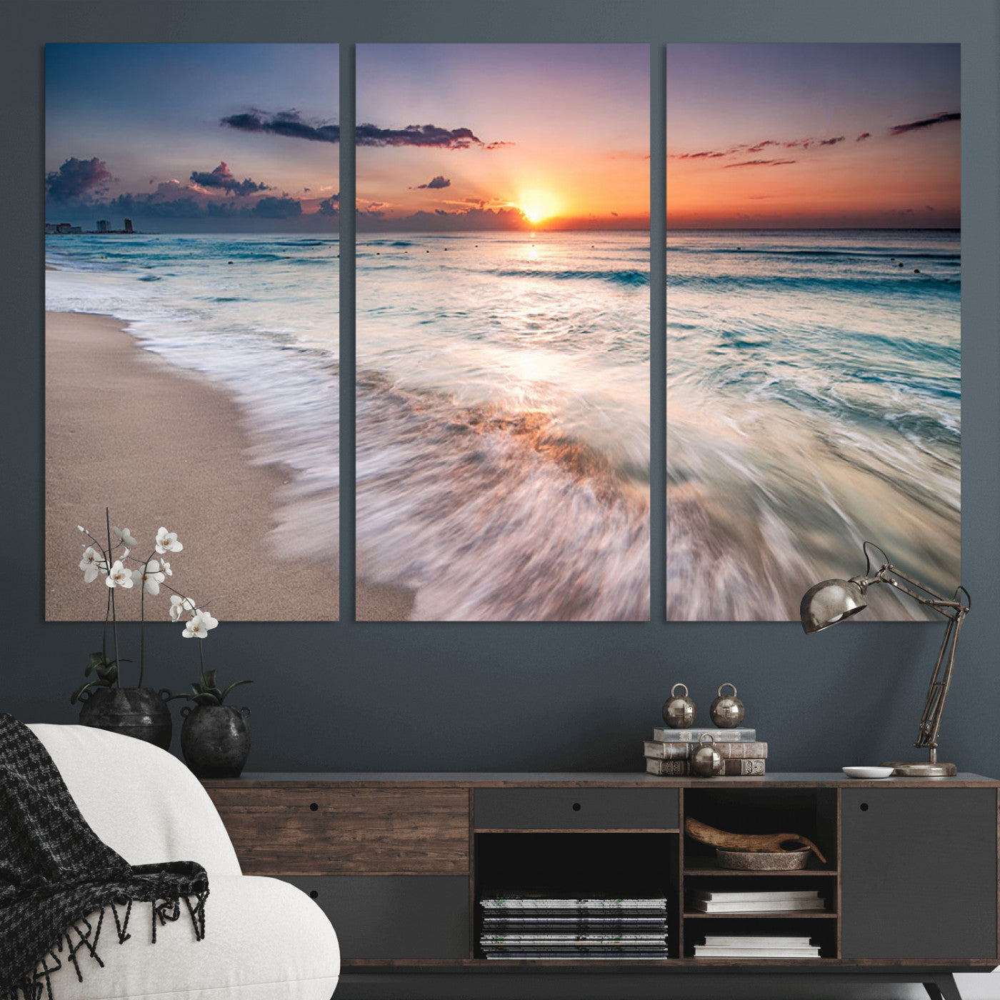 MGV-CV-48X32-3P - Sunset Beach Wall Art – Soothing Coastal Landscape, Ready to Hang for Tranquil Home Decor