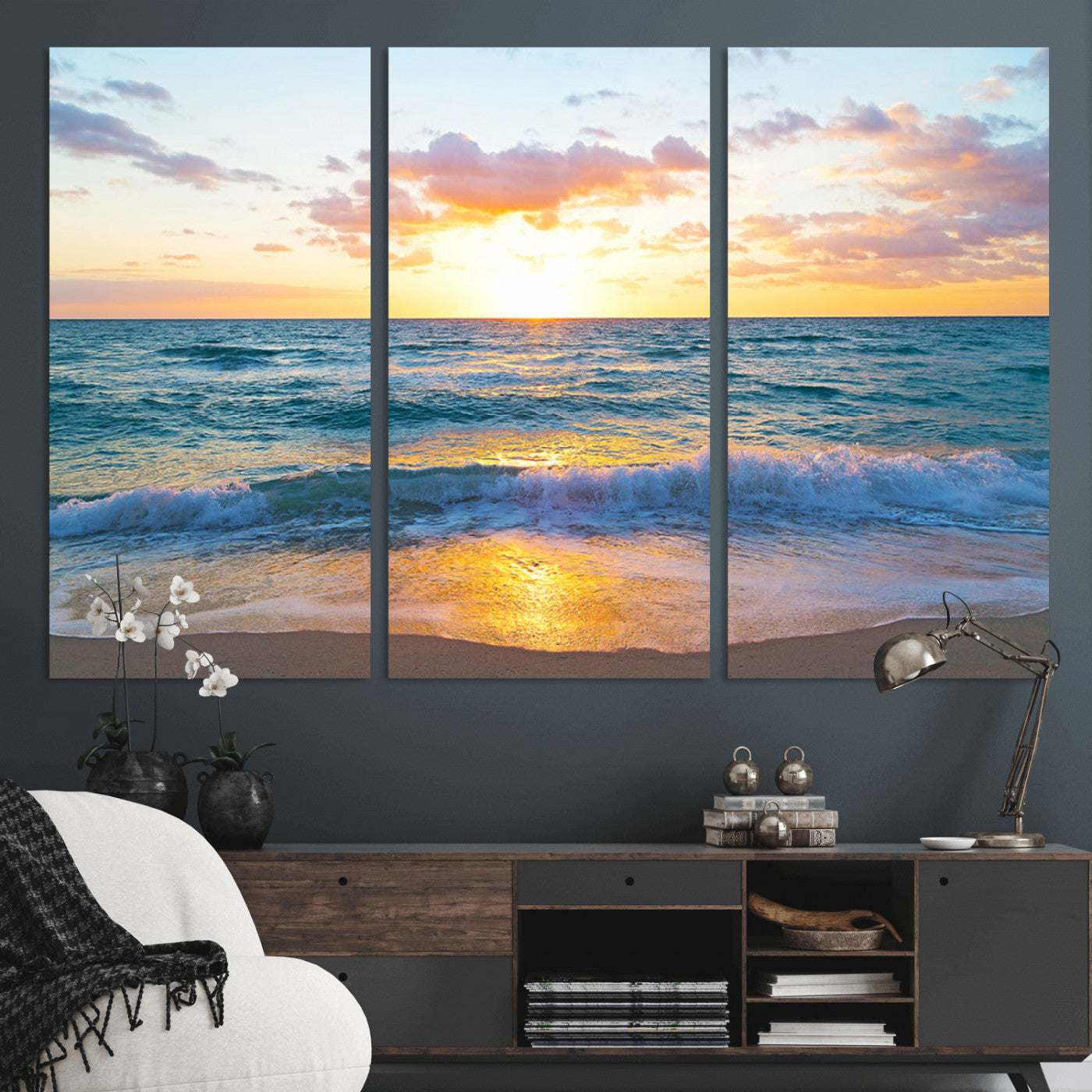 MGV-CV-48X32-3P - Golden Sunset Over Ocean Waves - Serene Coastal Triptych Wall Art for Relaxing Home Decor, Ready to