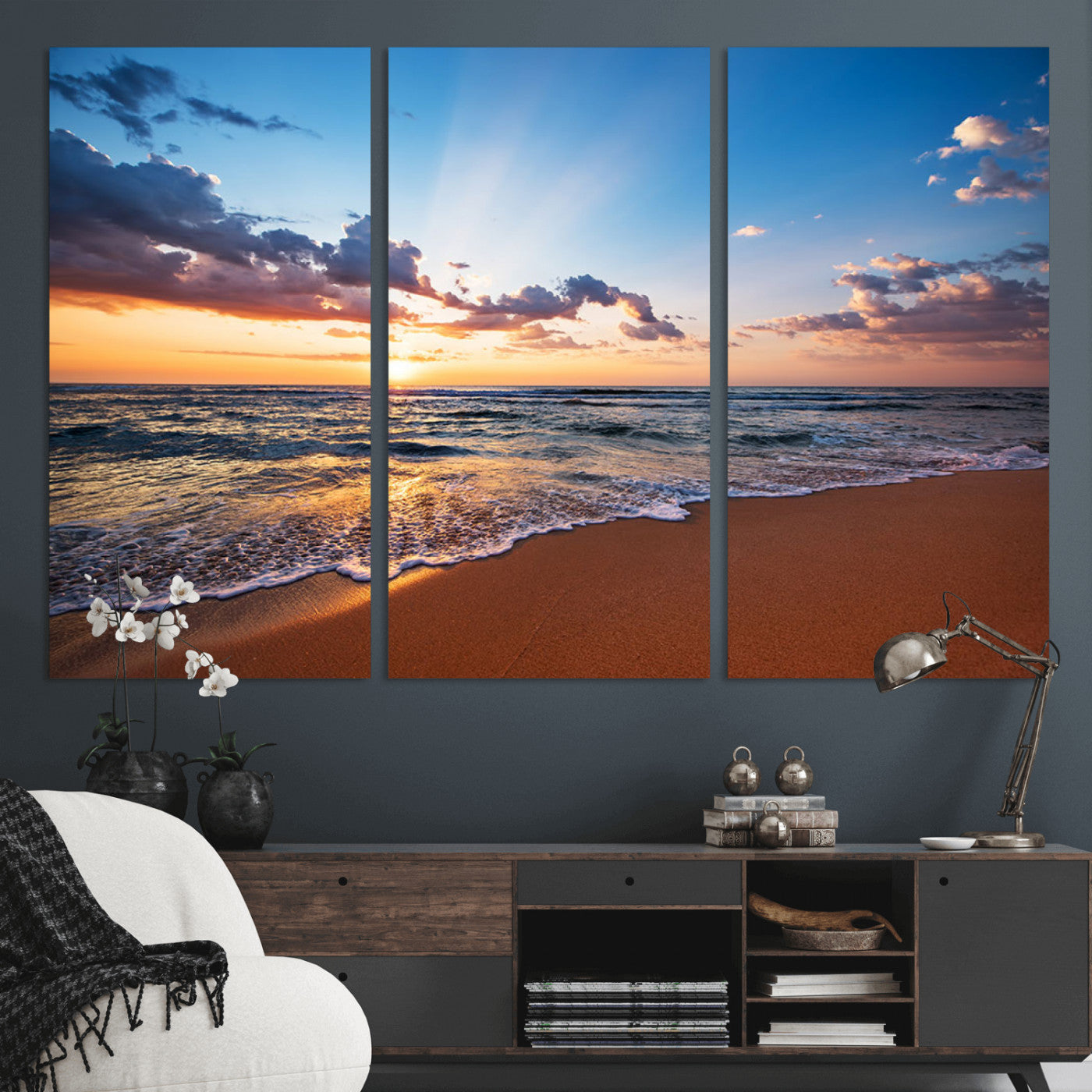 MGV-CV-48X32-3P - Golden Hour Beach Sunset Wall Art | Canvas Print | Ready to Hang | Coastal Wall Art for Living Room