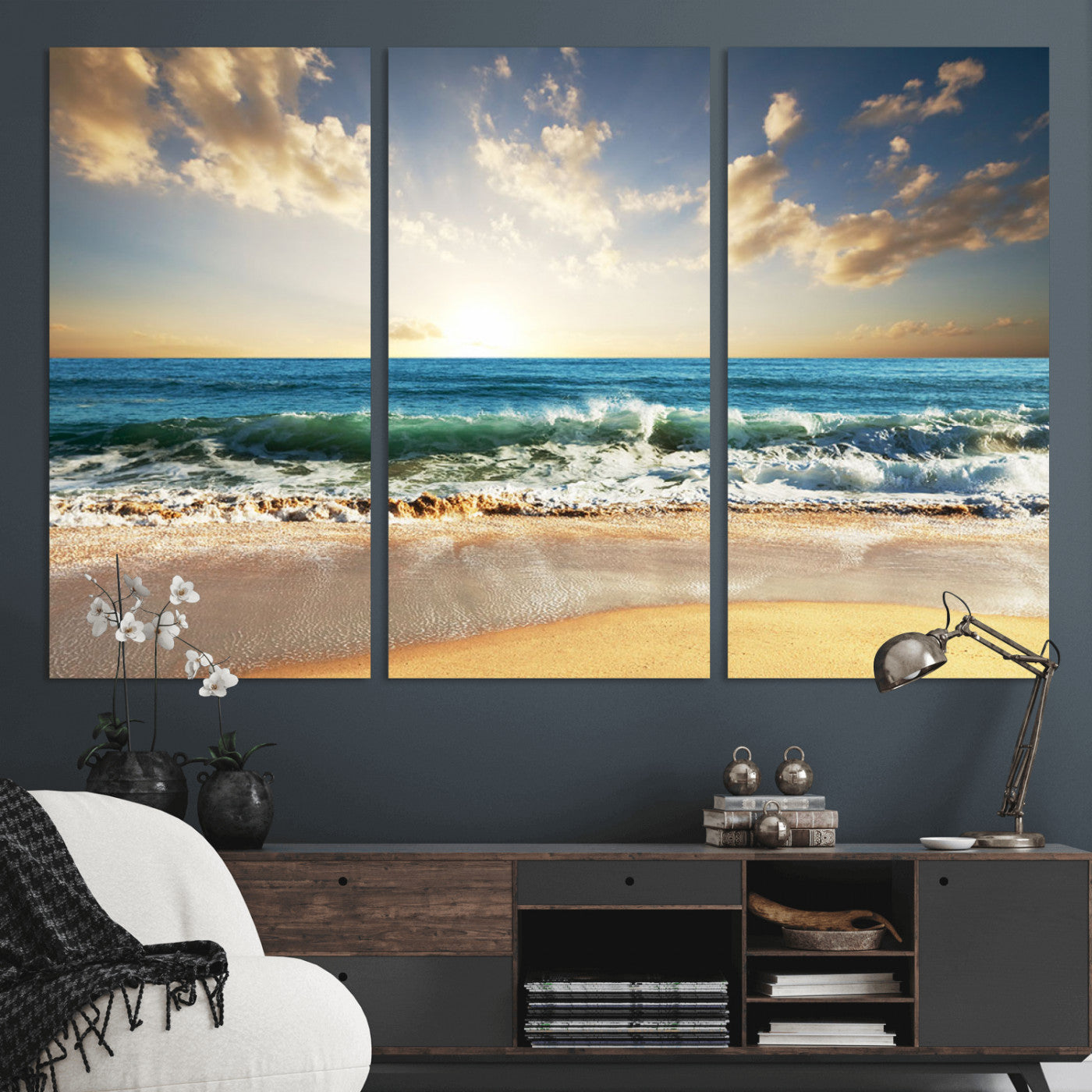 MGV-CV-48X32-3P - Golden Sunset Beach Triptych Canvas Wall Art for Living Room – 3-Panel Ocean View, Framed & Ready to