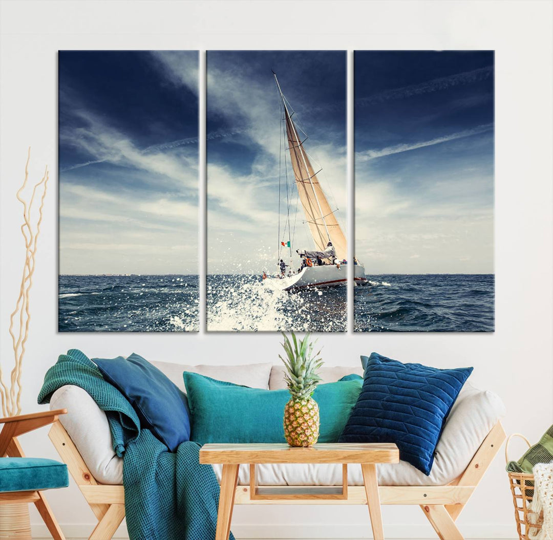 Sailboat Ocean Beach Blue Sky Wall Art Canvas Print