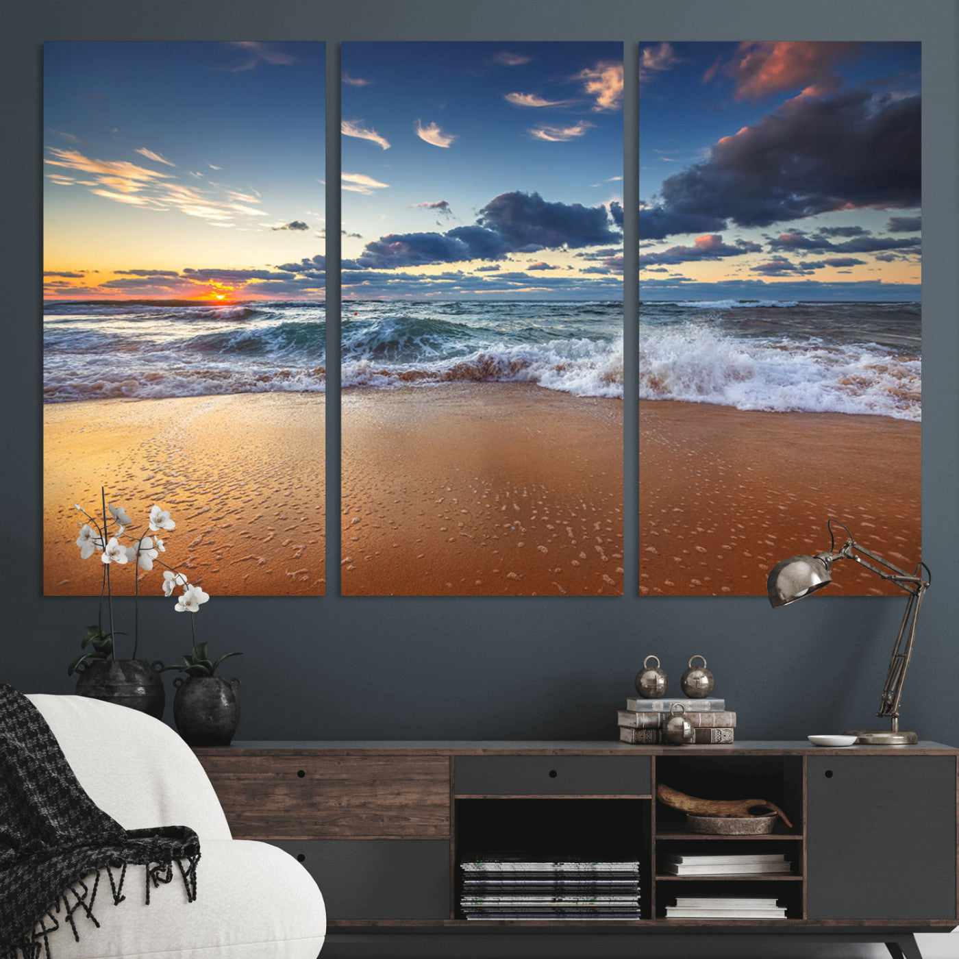 MGV-CV-48X32-3P - Beach Canvas Wall Art - Coastal Seascape Print for Living Room or Bedroom, Ocean Waves on Sand,