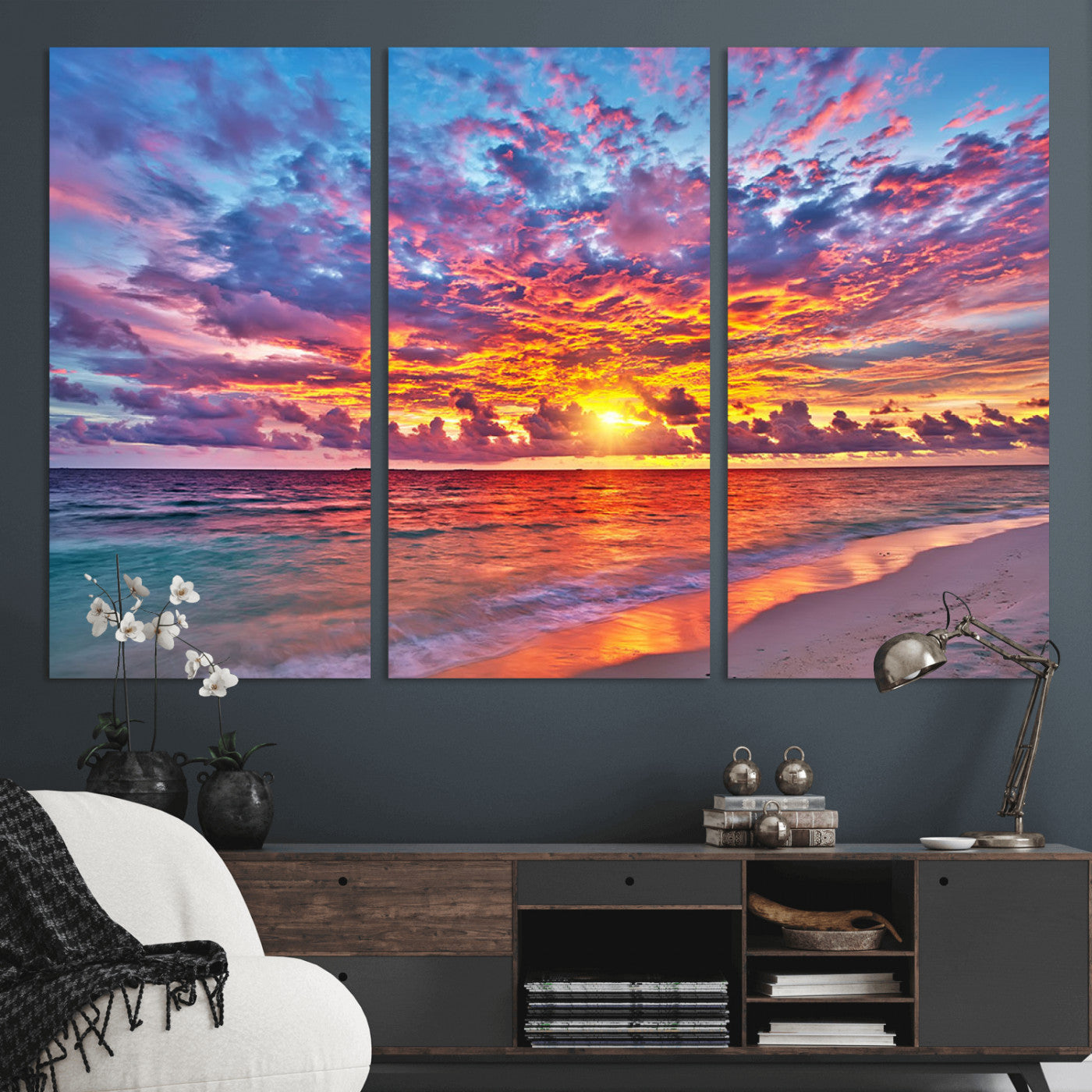 MGV-CV-48X32-3P - Vibrant Sunset Beach Wall Art - Ocean Sunset Canvas Print | Coastal Wall Art Decor Stunning Sunset