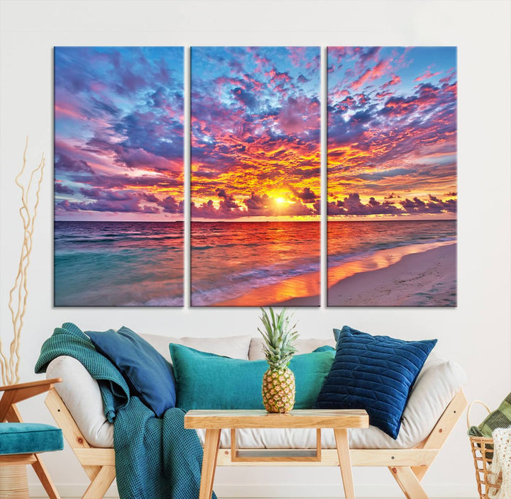 Vibrant Sunset Beach Wall Art | Ocean Sunset Canvas Print | Coastal Wall Art Decor | Ready to Hang | Stunning Sunset Scene for Home or Office Decor