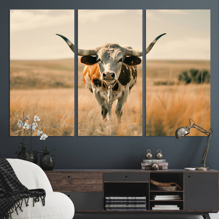 The Texas Cow Longhorn Wall Art Canvas adds rustic charm to the decor.