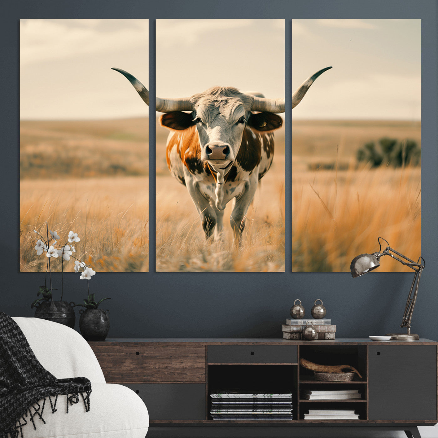 MGV-CV-48X32-3P - Texas Cow Wall Art Canvas Print for Farm House Wall Decor, Farmhouse Wall Art Print