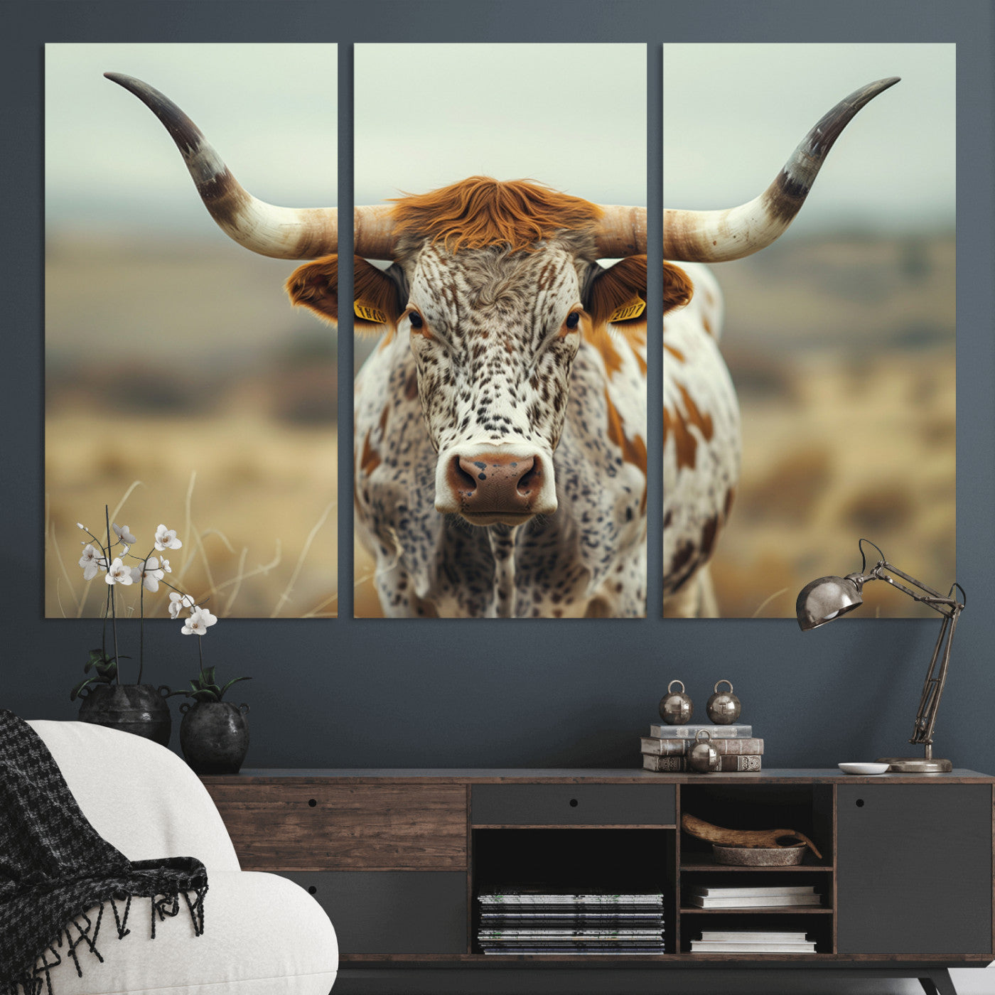 MGV-CV-48X32-3P - Texas Cow Longhorn Wall Art Canvas Print for Farm House Wall Decor, Farmhouse Wall Art Print
