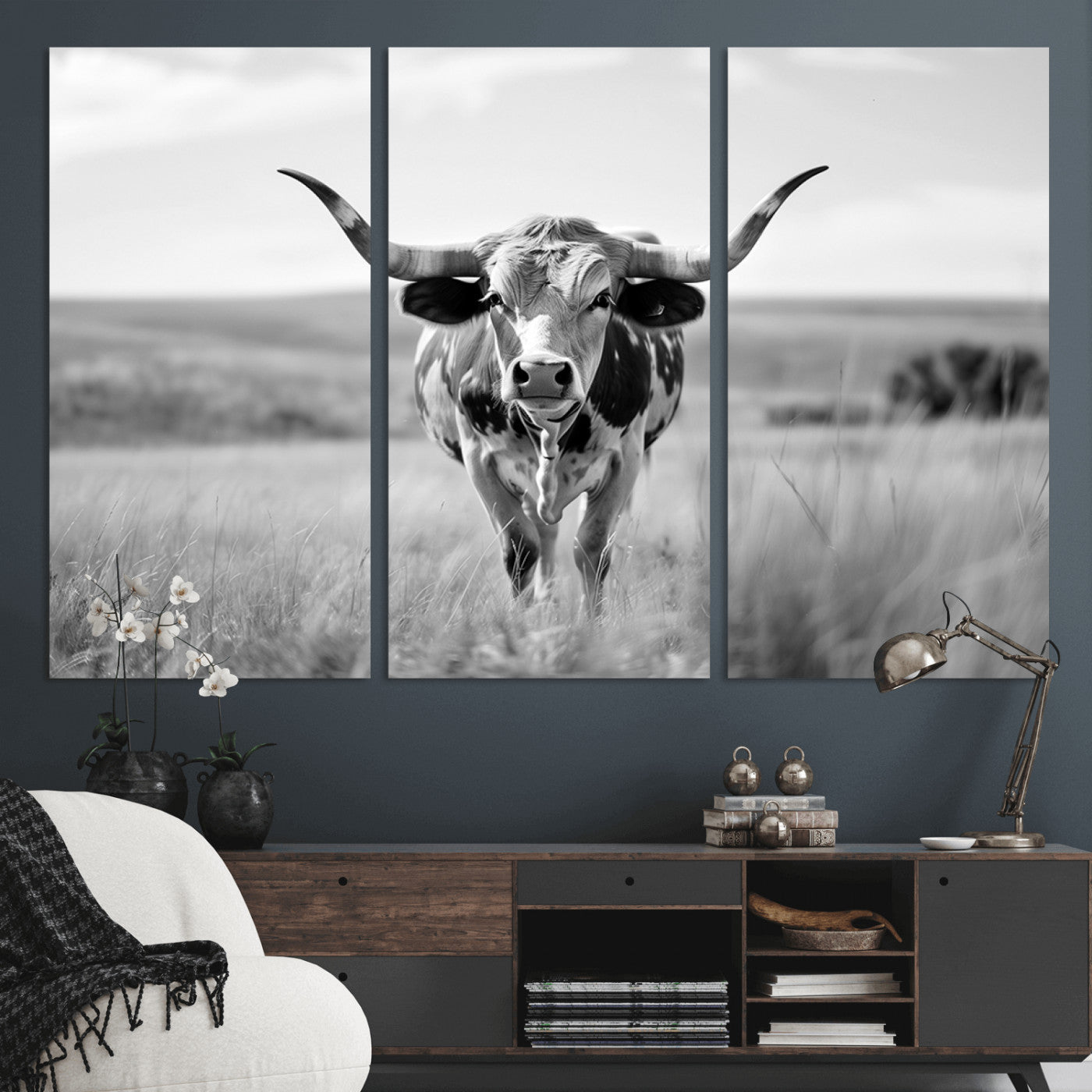 MGV-CV-48X32-3P - Texas Cow Longhorn Wall Art Canvas Print for Farm House Wall Decor, Farmhouse Wall Art Print